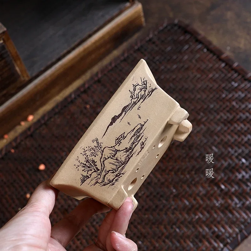 Ceramic Handmade Rectangle Carved Pottery Bonsai Pot, Chinese Pattern,Cubicles Desk Table Vase,Home Garden Decoration