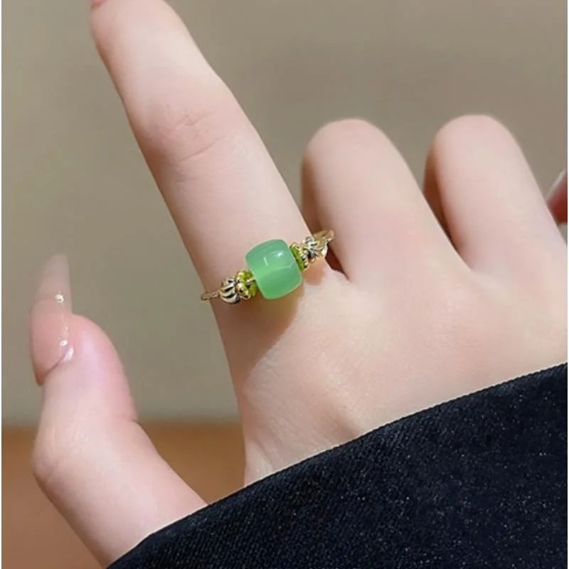 

Luxury Adjustable Gold-Plated Ring with Green Natural Stone Beads - Trendy Women's Jewelry