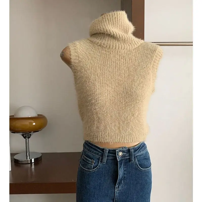 Wholesale Mohair Turtleneck Sweater Vest Base Slim Fit Pullovers Women 2023 Autumn Winter Sleeveless Short Solid Knitted Top