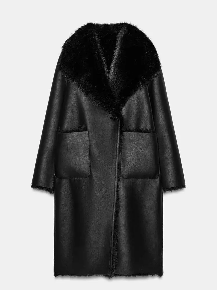 Otoño Invierno ropa de doble cara abrigo de piel Artificial de ajuste suelto Vintage Sle Long Sve señoras Jaet fibra de poliéster