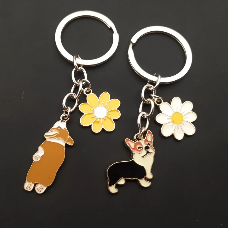 Cute Flower Corgi Trinket Key Chains Charm Accessories Pet Dog Animal Jewelry Women Bag Car Fashion Gift KeyRing Pendant