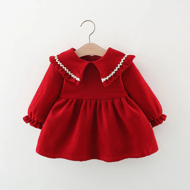 Spring and autumn baby girl dress baby girl bright diamond trimmed large lapel collar long sleeved princess dress