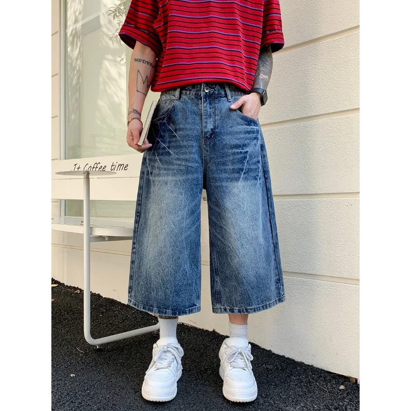 

Man Pants Men's Jeans Seven Tenth Length Retro Loose Denim Pants High Waist Straight Leg Cropped Casual Baggy Trousers