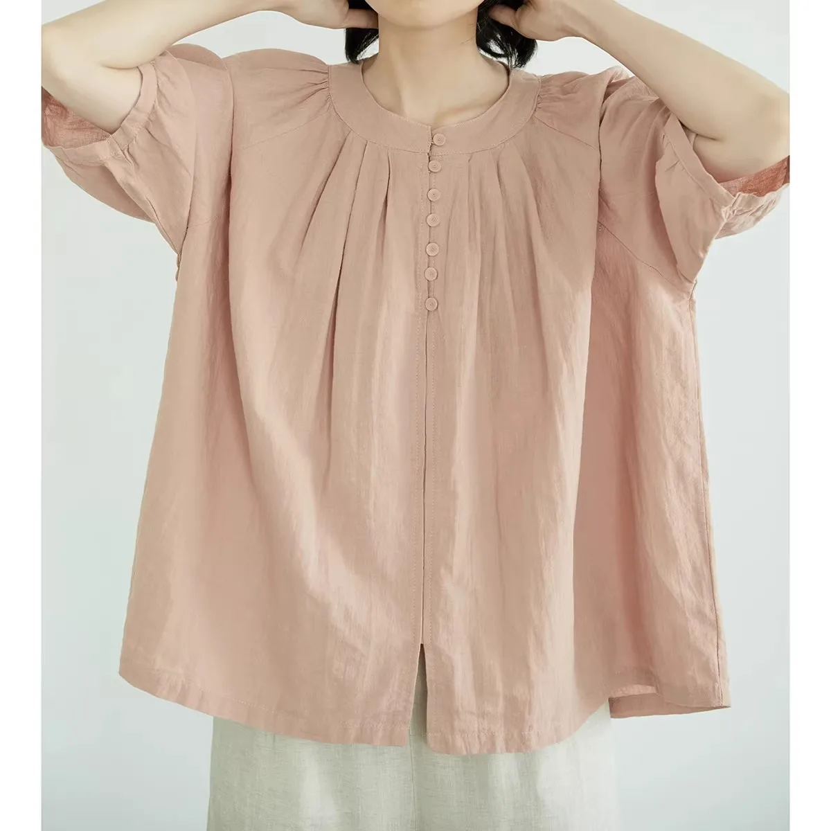 

Женская хлопково-льняная футболка больших размеров с круглым вырезом и коротким рукавом, полуоткрытая, весна-лето, новый стиль