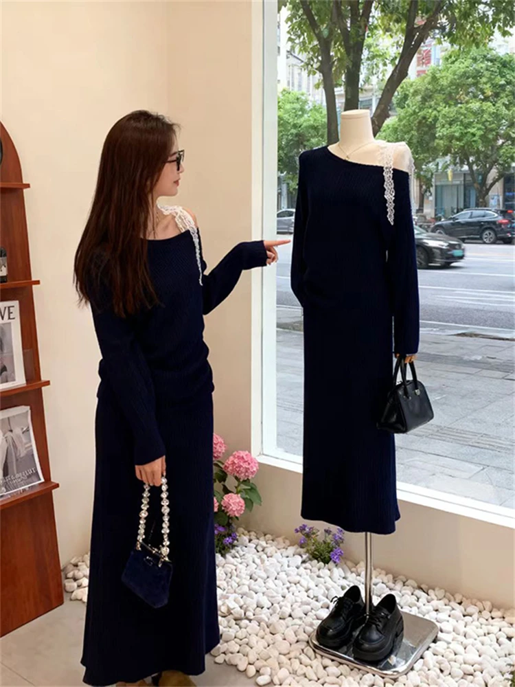 

Simple Style Women's Shoulder Bared Knitted Set Half Length Skirt Fashionable All-Match Design Autumn Season Casual Wear