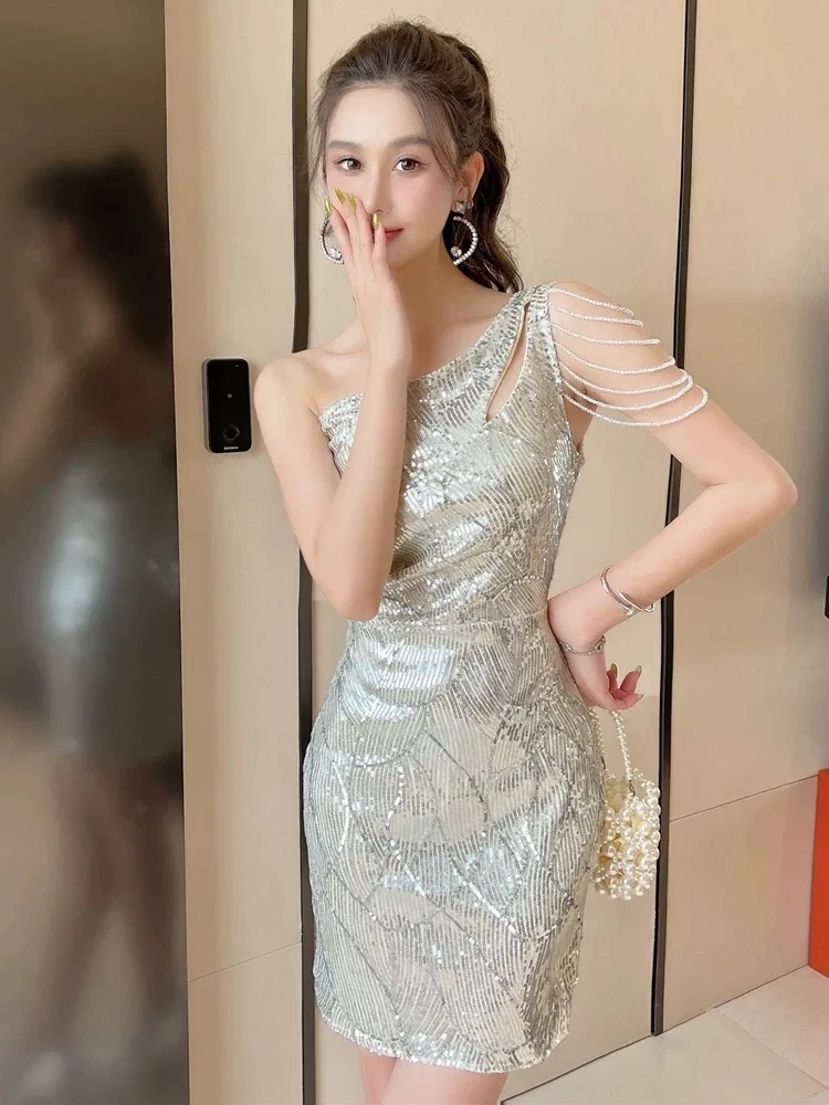 Korean Sweet Party Dresses Women Diagonal Neck Bling Bling Dress Lady Elegant Senior Luxury Vestidos Bright Sequins Streetwear