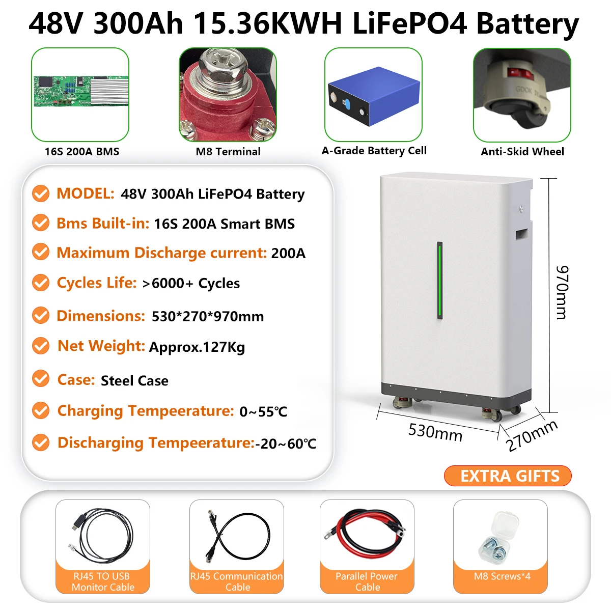 LiFePO4 48V 300AH 15KWH Batterij 51.2V 100AH 200AH 600AH Lithium Solar Batterij Oplaadbare Batterij 6000+ Cycli Voor Thuis opslag