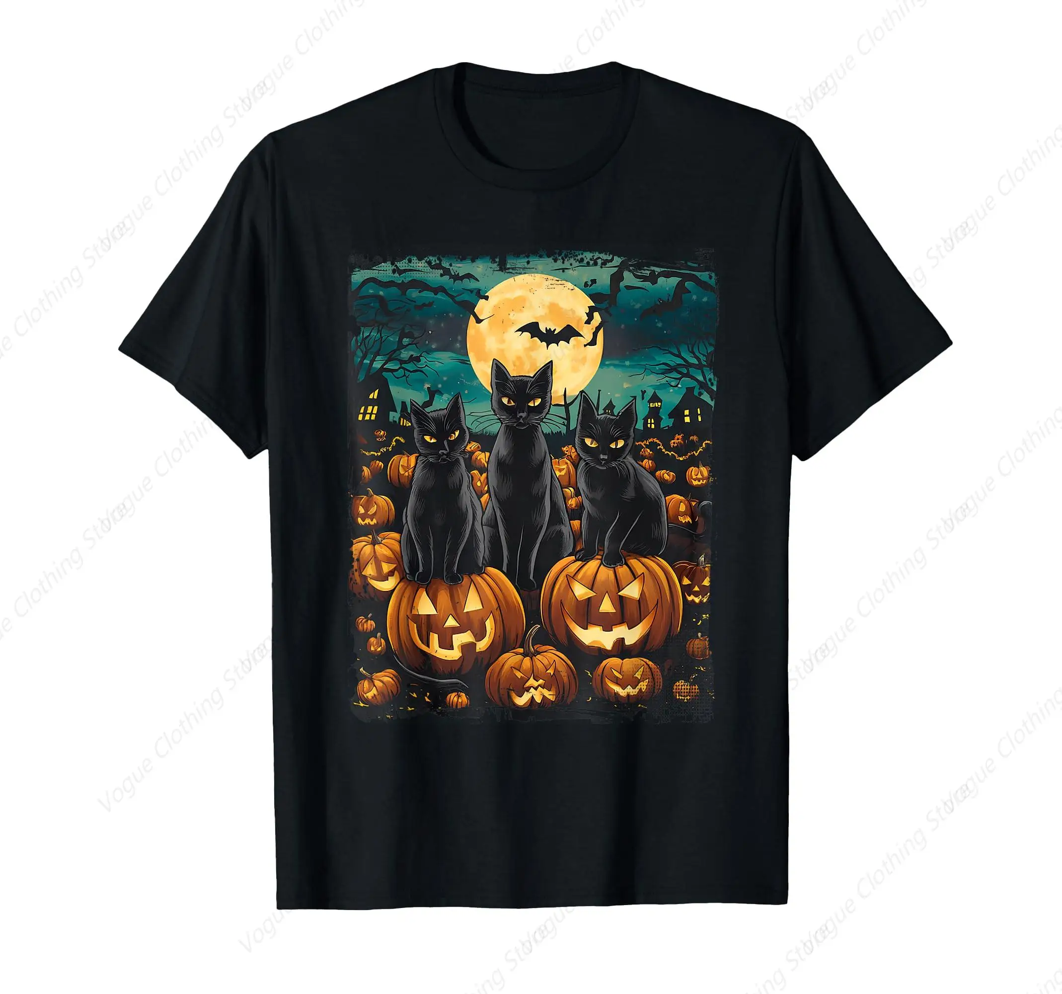 Black Cat Halloween Cat Lovers Night Cat Van Gogh Men T-Shirt Funny Prevailing Tee Fashion Short Sleeves Sport Leisure Soft Top