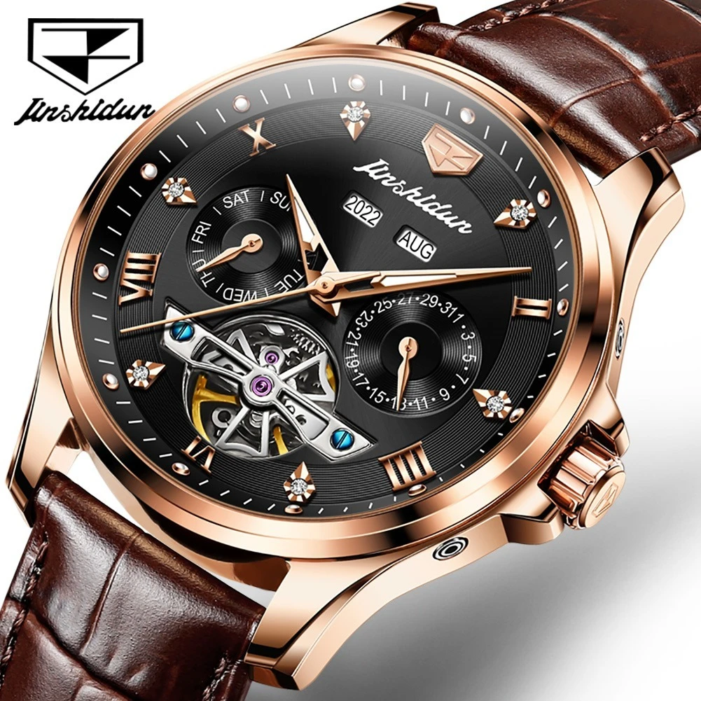 JSDUN 8926 Business Mechanical Watch Gift Round-dial Genuine Leather Watchband Wristwatch