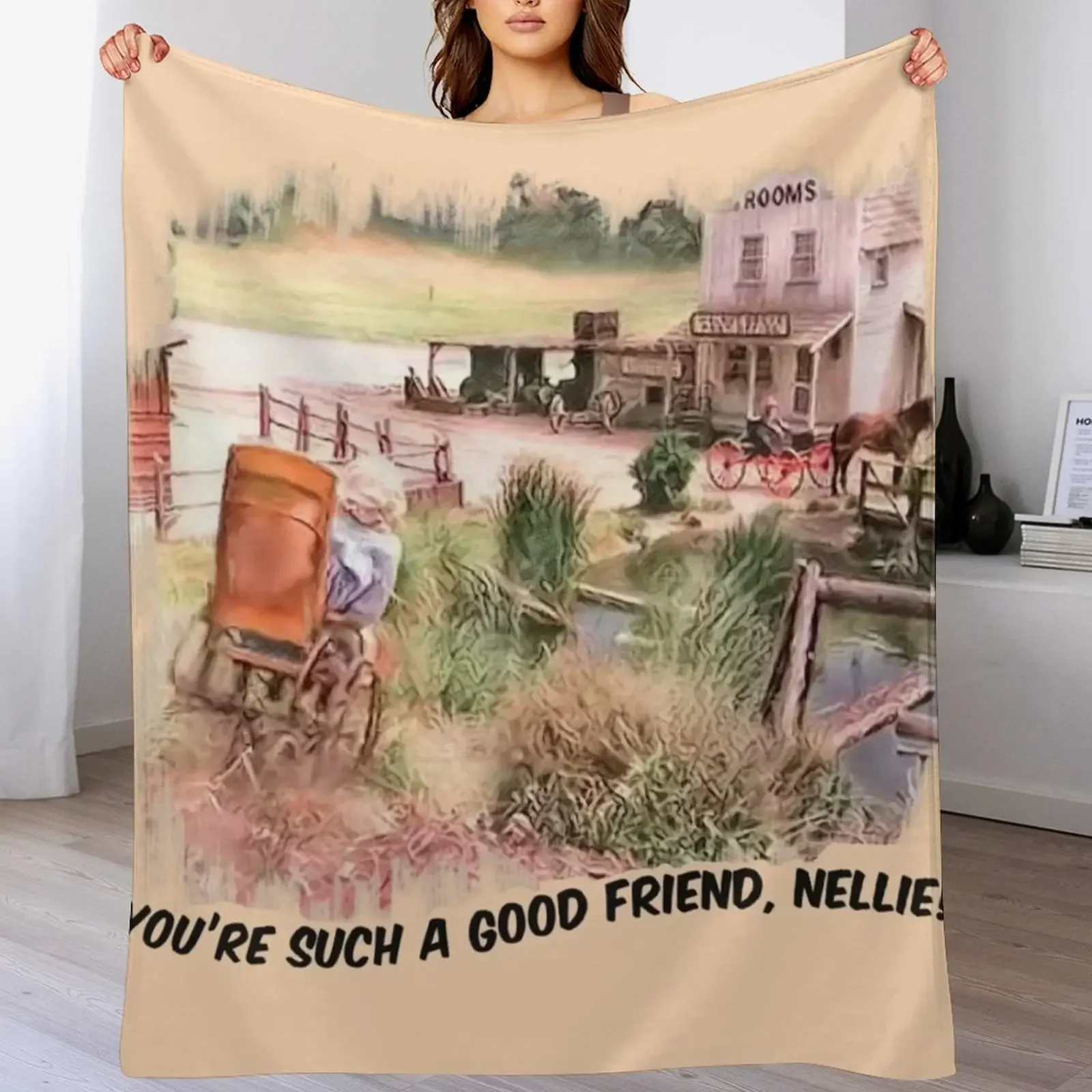 Little House on the Prairie Nellie Wheelchair scene. Black Lettering Throw Blanket Cute Luxury Designer Travel Blankets