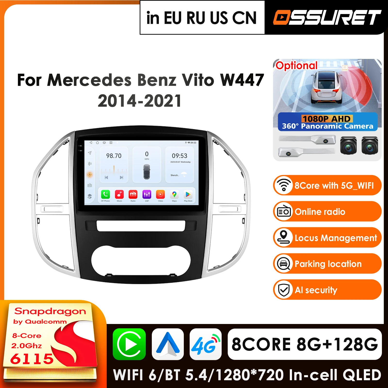 

OSSURET 10.1 Inch 6115 Car Intelligent Android Car Radio for Mercedes Benz Vito W447 2014-2021 Navigation Autoradio 360° Camera