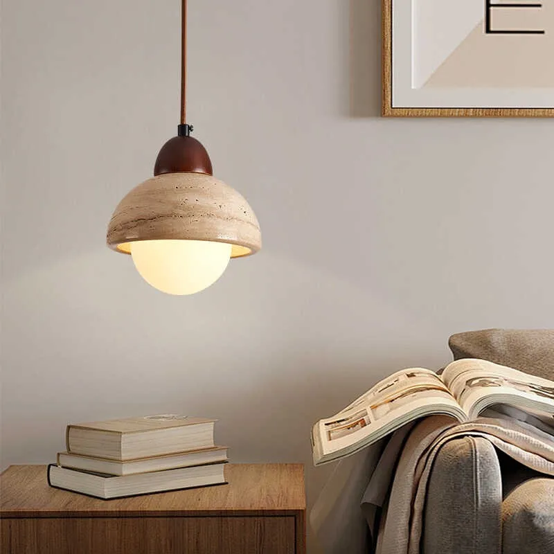 

Nordic Minimalist Style Pendant Light Indoor LED Walnut/Log Yellow Traversine Chandelier Parlor Bedroom Cafe Bar Hanging Light