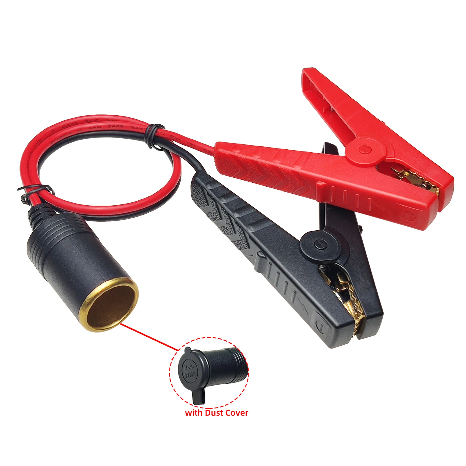 12V Battery Clamp Charge Cable with Alligator Clip-on to Female Cigarette Lighter Socket Outlet Boost Cable 14AWG Extension Cord