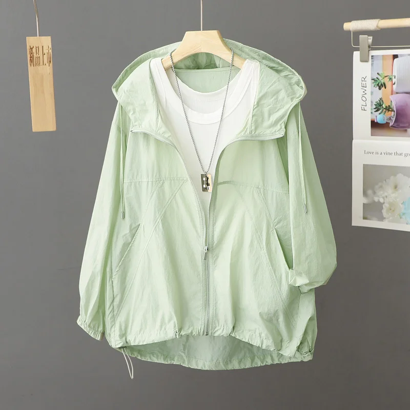 

2025 Oversize Loose Summer Sunscreen Clothing Women's White Short Coat Hooded Zip-up Lady UV-protection Thin Jacket Casual Tops