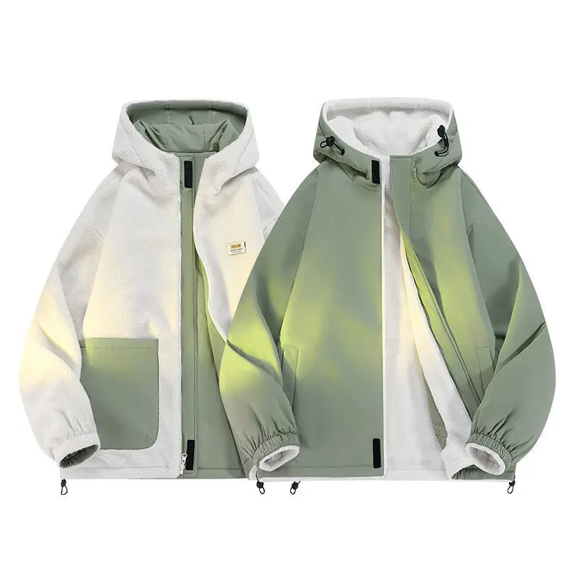 

Juspinice Reversible Hooded Polar Fleece Parkas for Unisex Autumn and Winter Thickened Warm Jacket Loose Casual Preppy Style Top