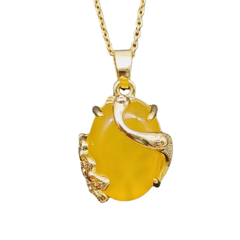 Natural Yellow Agate Chalcedony Inlaid Peacock Pendant Women's Necklace