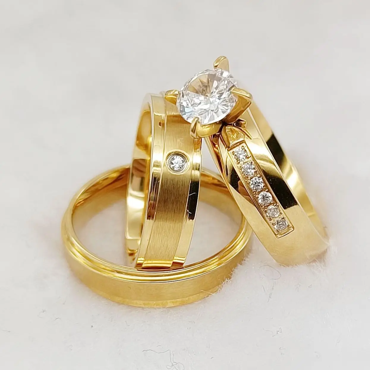 

Wholesale High Quality 3pcs Lovers cz Diamond Wedding Engagement Rings Sets Gold Plated 18k Couple Jewelry For Men And Women