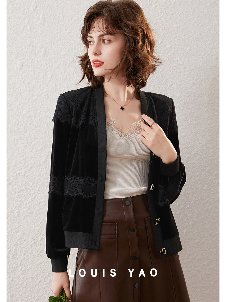 LOUIS YAO Women Coat 2024 Spring New V Neck Long Sleeve Lace Chic Elegant Love Shape Button Women's Cardigan Outwear Jacket