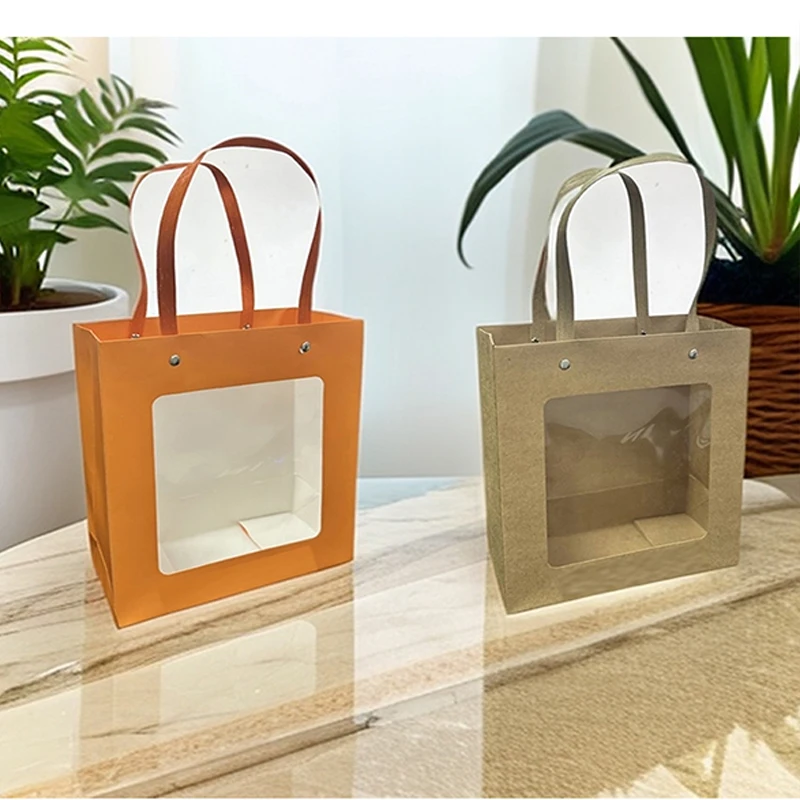 20pcs Window Gift Bag White Simple Solid Color Kraft Paper Bag Holiday Gift Wrap Smiling Baking Bag Cake Square Bottom Bag