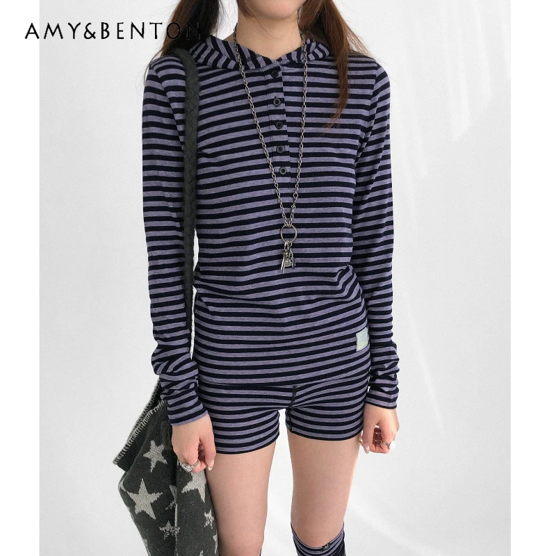 

Новая осенняя полосатая утягивающая эластичная женская футболка с капюшоном, винтажный дизайн, универсальная утягивающая рубашка с длинными рукавами для женщин
