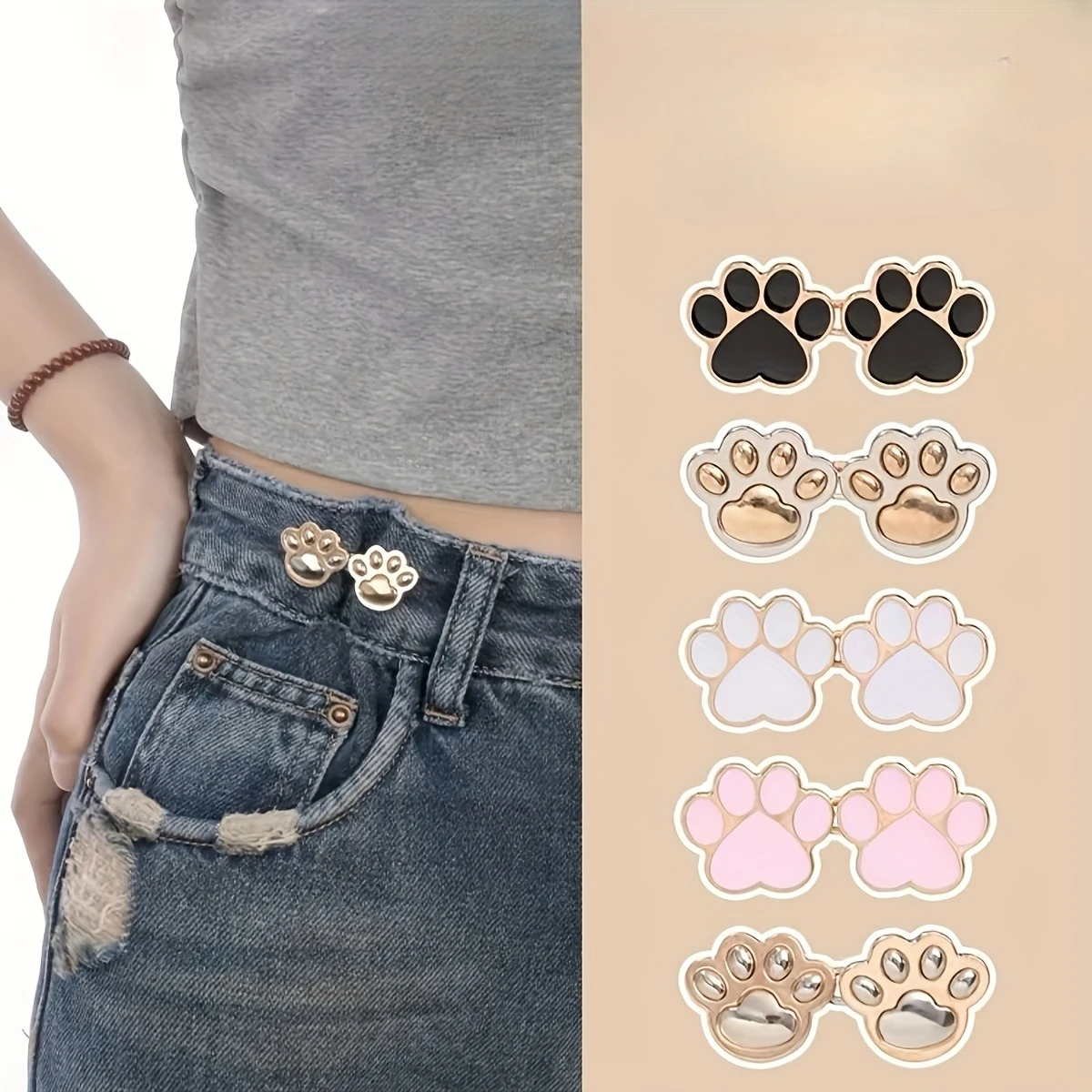 Cute Cat Paw Studs Studless Waist Cinching Buckle Jeans Waist Size Modification Tool 5 Colors Available No Sewing No Punching