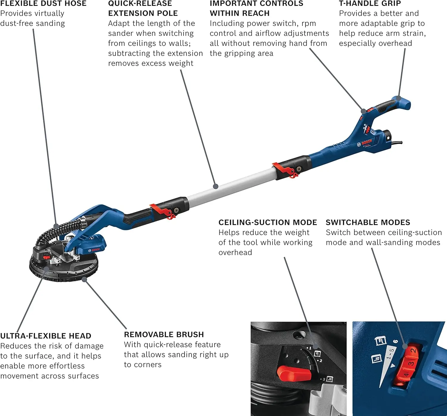 Bosch GTR55-85 9 Inch Gipsplaten Schuurset Met Variabele Snelheid En Uitschuifbaar Handvat