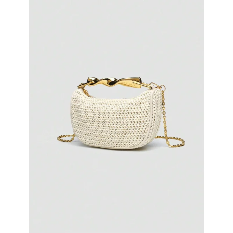 1 قطعة ، وصول صيفي جديد ، نسائي ، مقبض معدني صغير كروسبودي سحاب ، حقيبة صغيرة منسوجة من القش ، لادي عادية