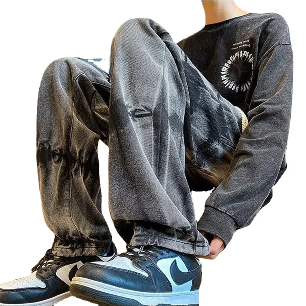 Tie Dyed Vintage Jeans Men's Fashion Brand Gradient Large Straight Leg Wide Leg Pants American Vibe High Street Casual Pants