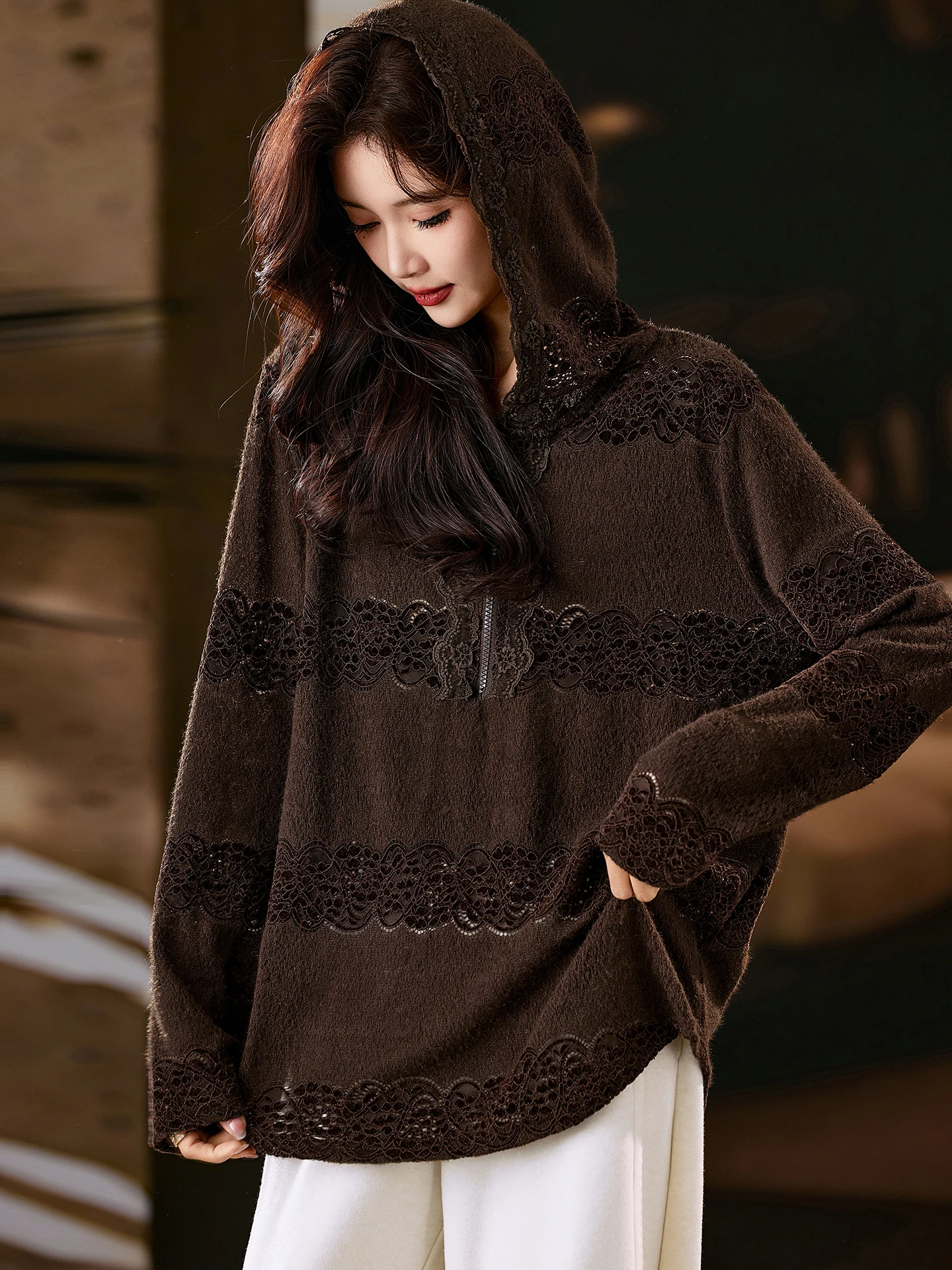 

Street Sle Lace irt Women's Long Sve Hoodie Patchwork Breathable Polyester Fiber Winter New Arrival Casual Wear