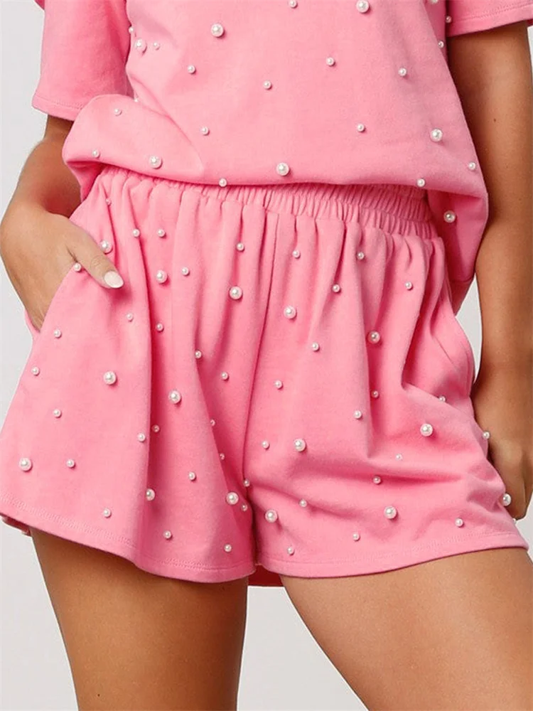 

CHRONSTYLE Sexy Women Summer Shorts Loose Fit Casual 3D Pearls Patchwork Elastic High Waist Shorts with Pockets Streetwear 2025