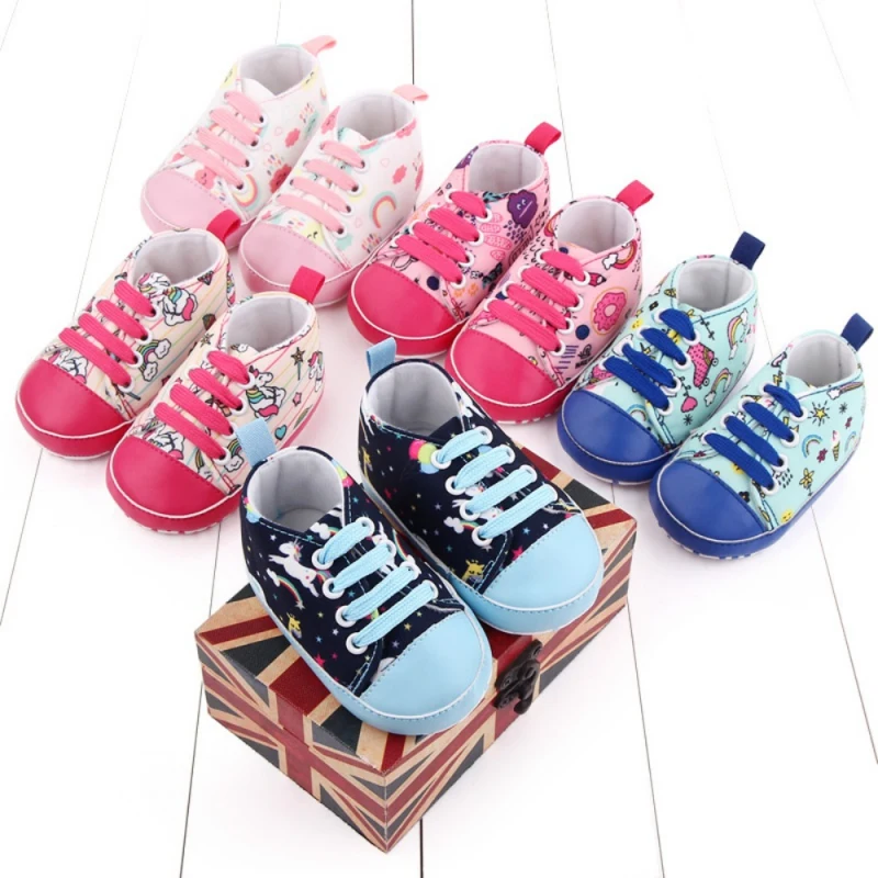 Newborn Boy Girl Shoes First Walker Baby Tie-Up Sneakers Unisex Fashion Soft Non-Slip Sole Casual Canvas Shoes Cute Crib Shoe