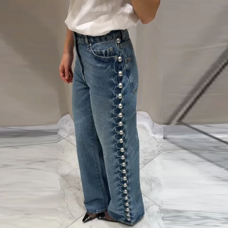 

CPSYMYM Chic Bead Blue Jean Women Street Baggy Wide Leg Straight Pocket Zipper Denim Long Pants Female Spring Commute Lady Trou