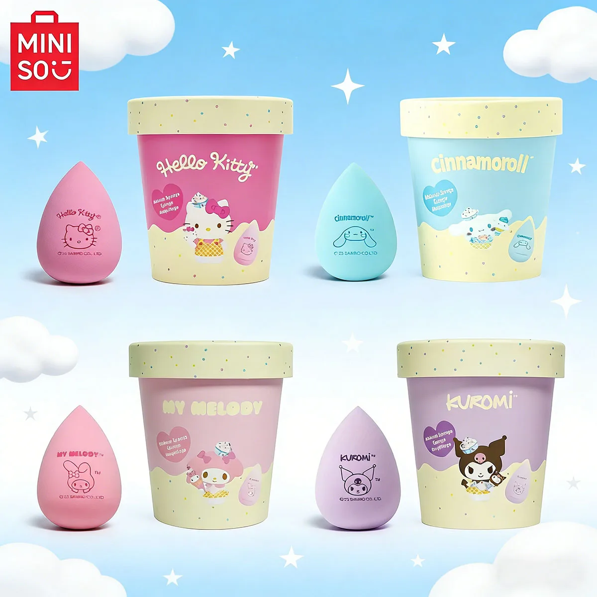 MINISO Hello Kitty y sus amigos Snack Shop taza de almacenamiento de helado huevo de maquillaje 1 paquete herramienta de maquillaje fácil de aplicar de larga duración