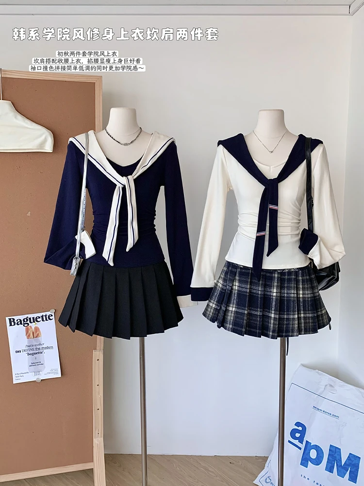 Women Preppy Top 2000s Aesthetic Sailor Collar T-Shirt Long Sleeve Tees With Waistcoat Shoujo Girl Korean College Style Cute New