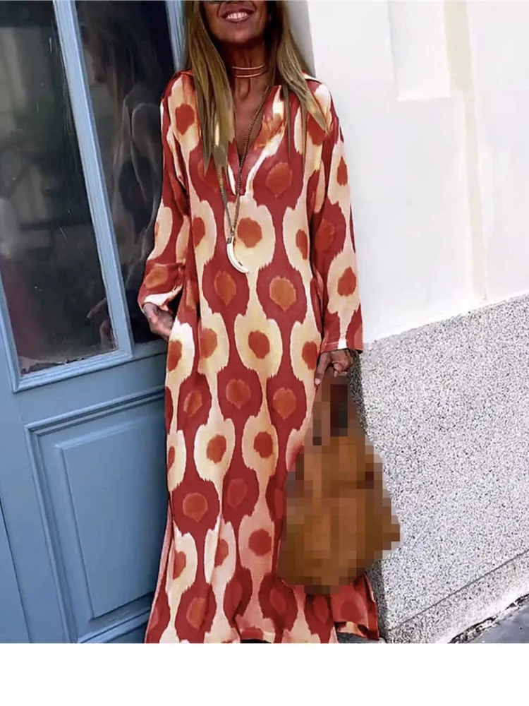 Maxi Dress 2024 Autumn Causal V Neck Long Sleeve Dresses Female Holiday Beach Boho Dress Vestidos Women Geometric Printing Split