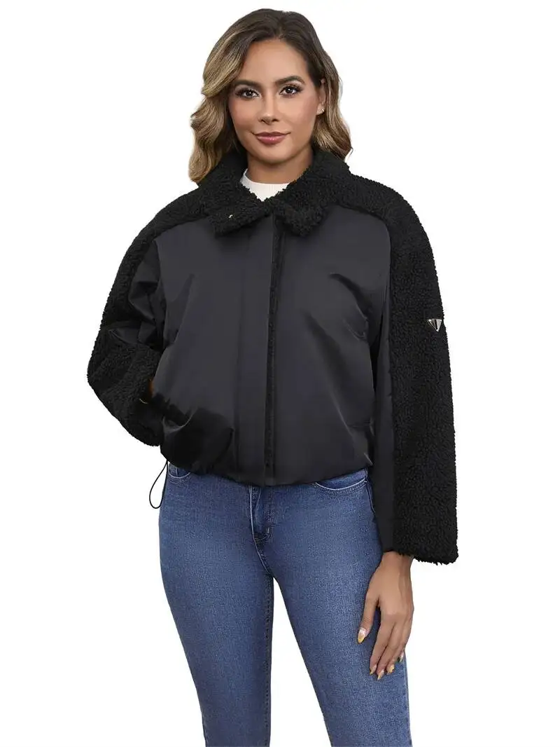 2025 Lamswollen gesplitste jas Dames Korte katoenen gewatteerde jassen Herfst Winter Losse warme bovenkleding Vrouwelijke fleecevoering Parka's