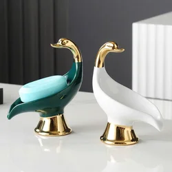 Ceramic Swan Shape Shower Soap Dish with Drain Water Self Draining Soap Organizer Holder Storage Plate Tray Bathroom Supplies