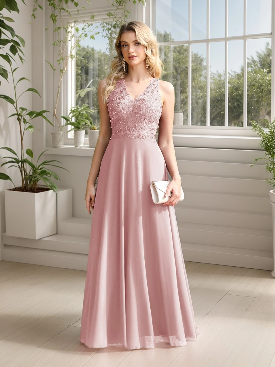 

Elegant Pink Bridesmaid Dresses Beaded Lace Appliques Halter V-Neck Sheer Back Evening Dress A-Line Long Wedding Party Vestido