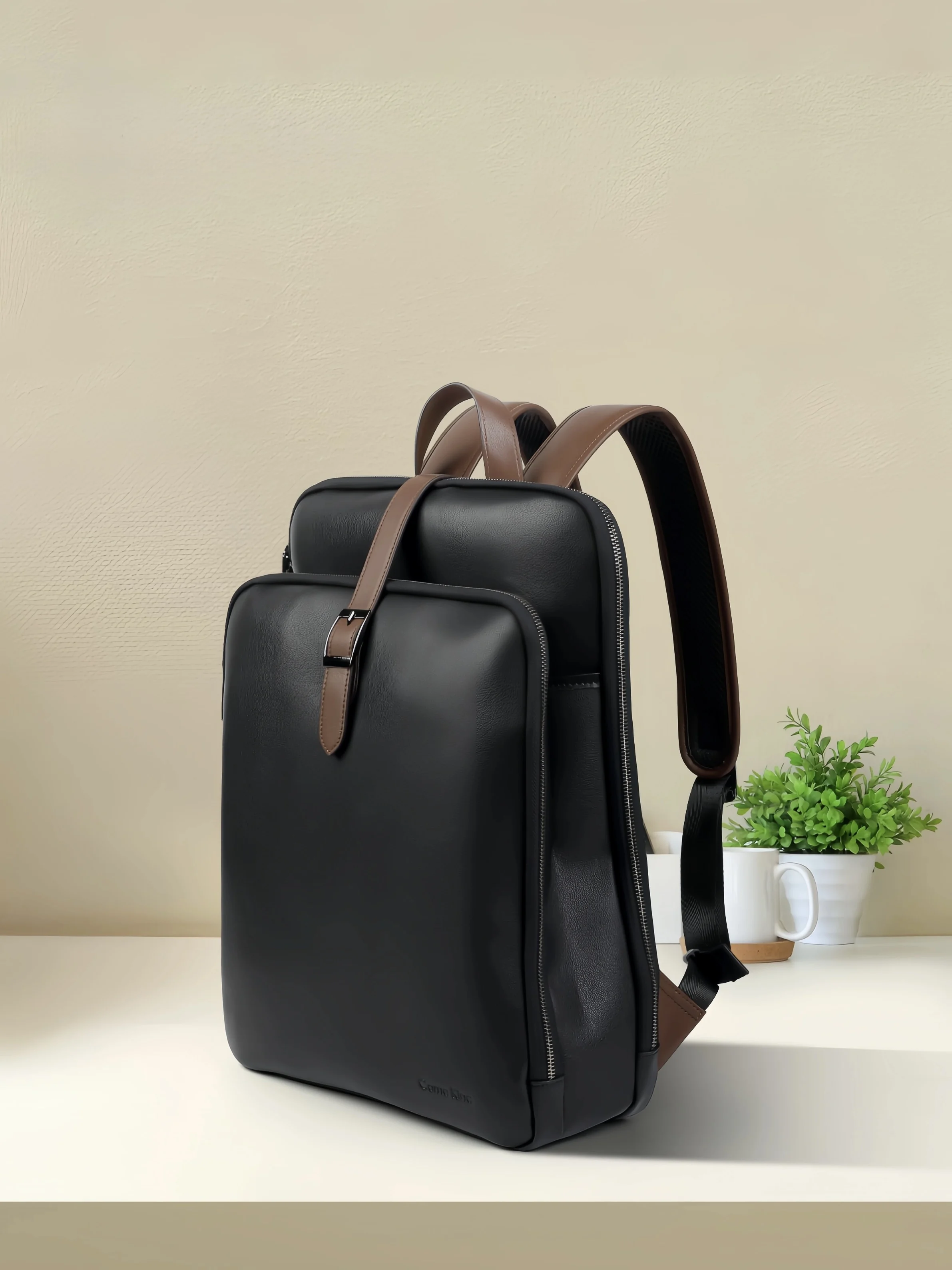 Leather multi-functional backpack, made of cowhide, suitable for carrying a computer and other items.