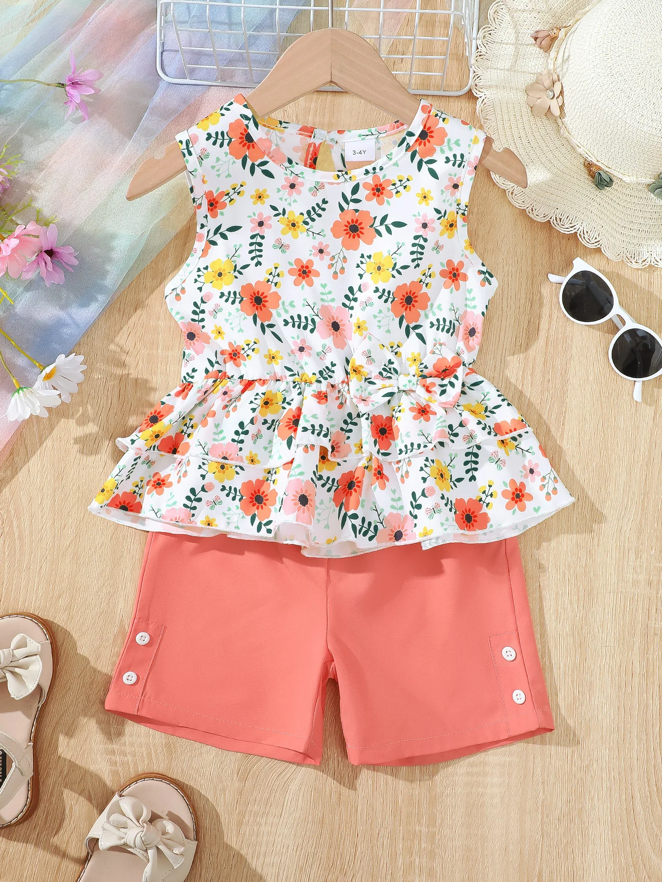 2PCS Children Girls Little Fresh Clothing Set Floral Sleeveless Top + Shorts Sweet Lovely Fashion Costume for Kid Girl 4-7 Years