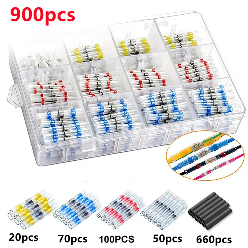 50-1000 stücke Schrumpf Solder Dichtung Draht Anschlüsse Kit Wasserdichte Butt Elektrische Terminals Isolierte Splice Marine Automotive