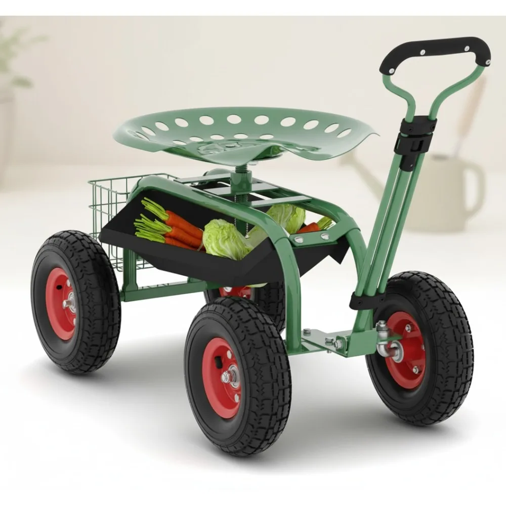 

Garden Rolling Stool with Wheels - 360° Swivel Seat, Tool Tray & All-Terrain Tires for Easy Planting and Yard Work