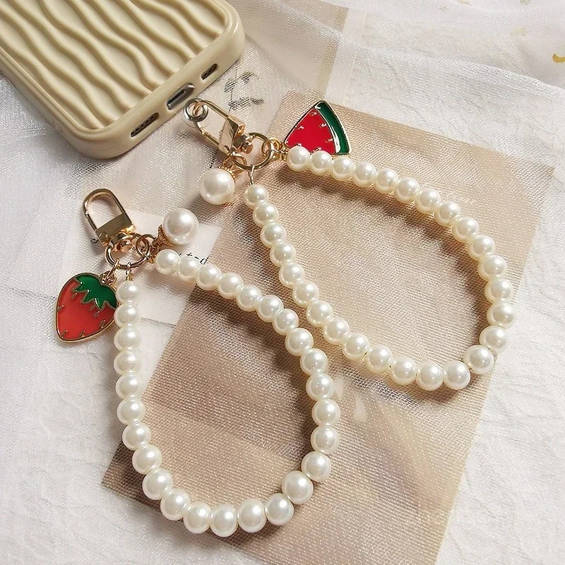 Watermelon Slice Pearl Short Wrist Strap Mobile Phone Lanyard with Handmade Beaded Chain Gasket Style Phone Universal Lanyard