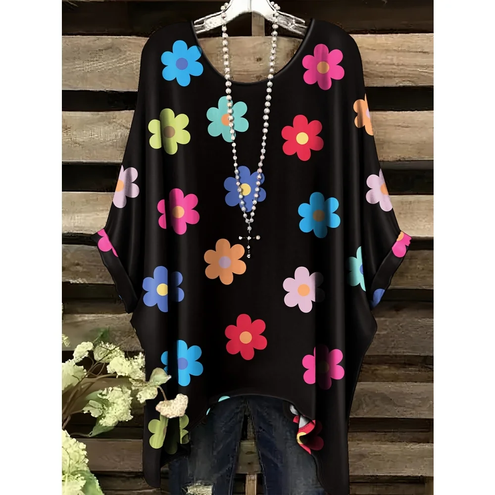 

Women Simple Color Flower Graphic Print T-Shirt Fashion Irregular Hem Round Neck Short Sleeve Tee Summer Versatile Woman Clothes