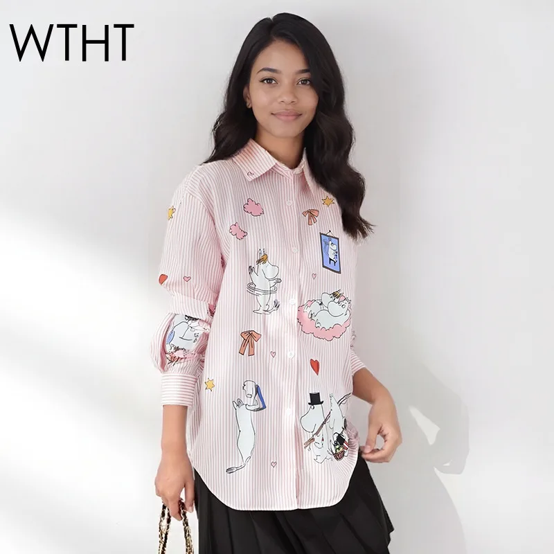 

WTHT New Fashion Women's Cartoon Print Striped Design Shirt 2025 Summer Trendy Lapel Long Sleeves Blouse Female 1LS2244