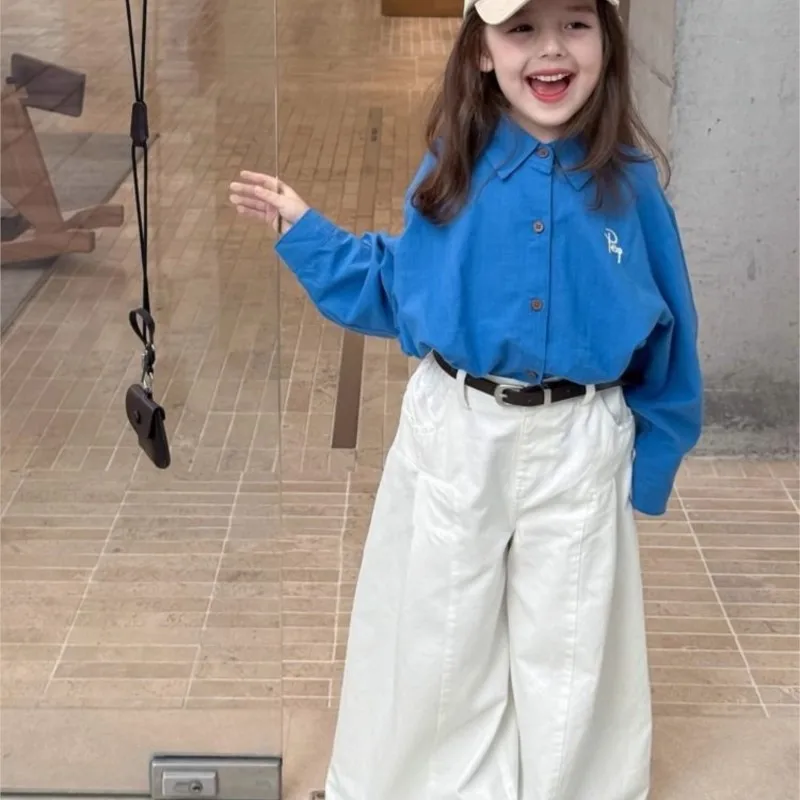 Fashion Baby Girl Blue Shirt+Wide Leg Pant 2PCS Infant Toddler Teens Child Clothes Set Spring Autumn Casual Baby Clothes 2-14Y