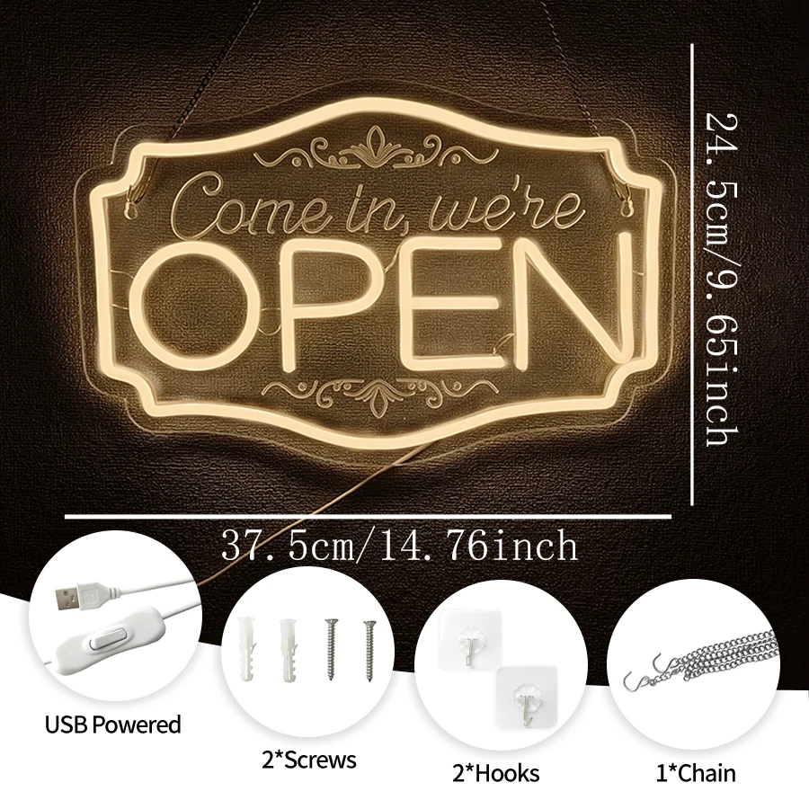 Come In, We'Re Open Led Neon Sign, 3D Carved Letter Icon Business Signboard, Coffee Shop, Hotel, Bar, Club And Restaurant Decor.