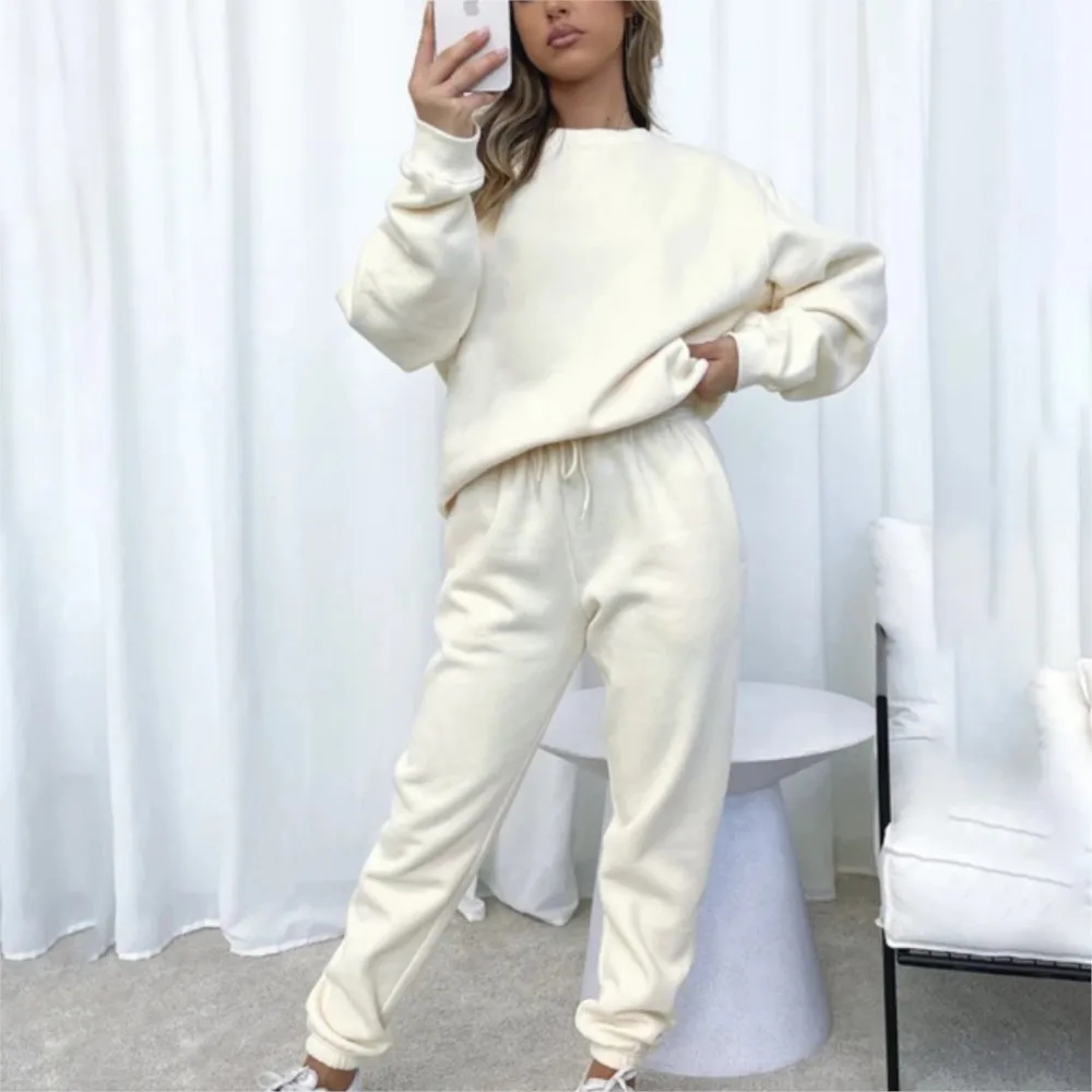 

Повседневные костюмы больших размеров на осень, сплошной цветной пуловер с круглым вырезом и длинными рукавами, толстовка + брюки, модный костюм-свитшот