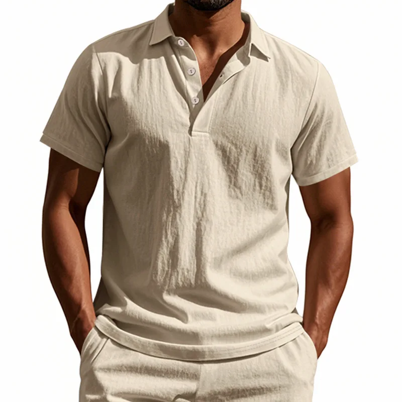 

Men's British Style Loose Fit Polo Shirt Summer Simple Casual Trendy Breathable Linen Short Sleeve Lapel Button Polo Shirts Men