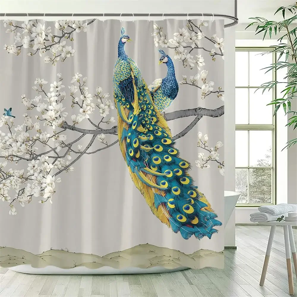 Peacocks Shower Curtains Green Feathers Birds Vintage Blue Flowers Plant Art Polyester Fabric Bathroom Curtain Decor with Hooks